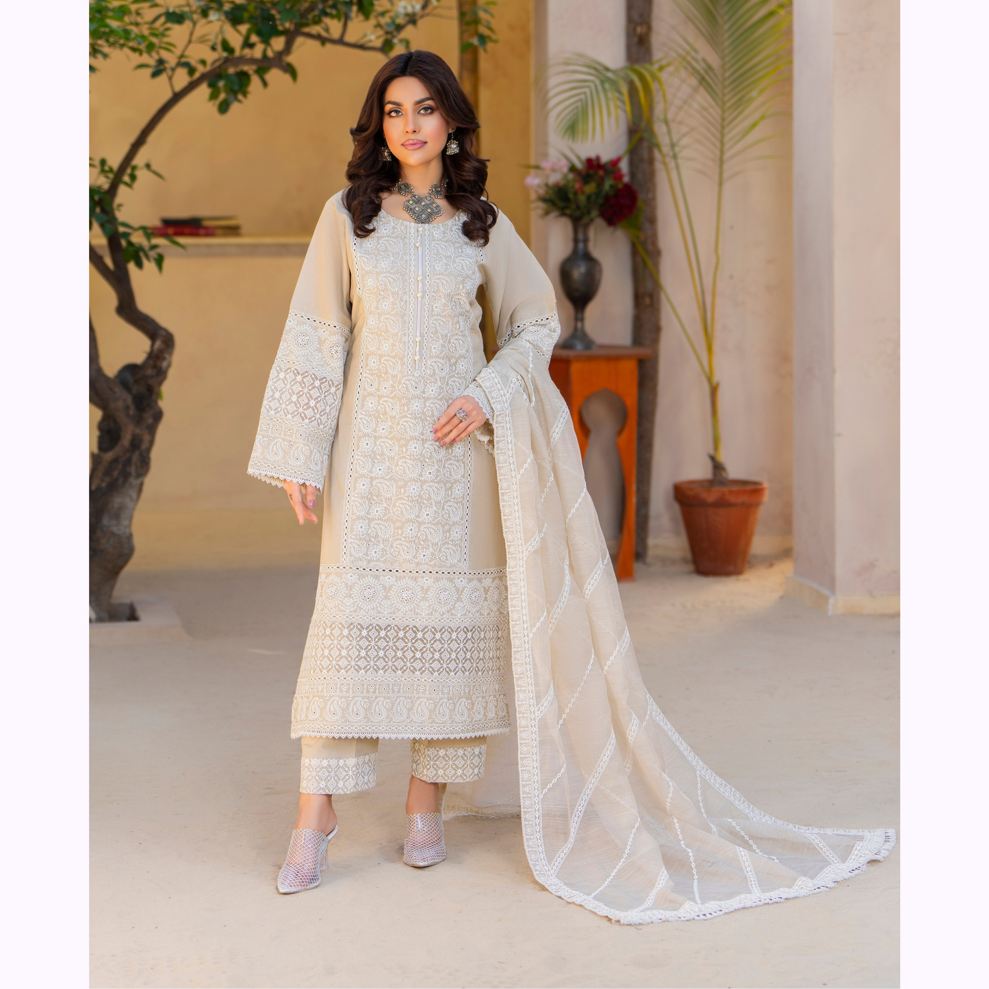 KC-1446 Embroidered Cambric Cotton Farshi Shalwar Dress Ready to Wear 3 Pc - Karma Collection