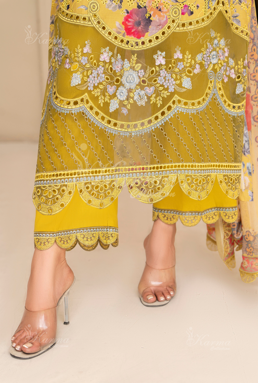 (Mustard) Chikenkari Cotton Lawn 3 Pc - Karma Collection