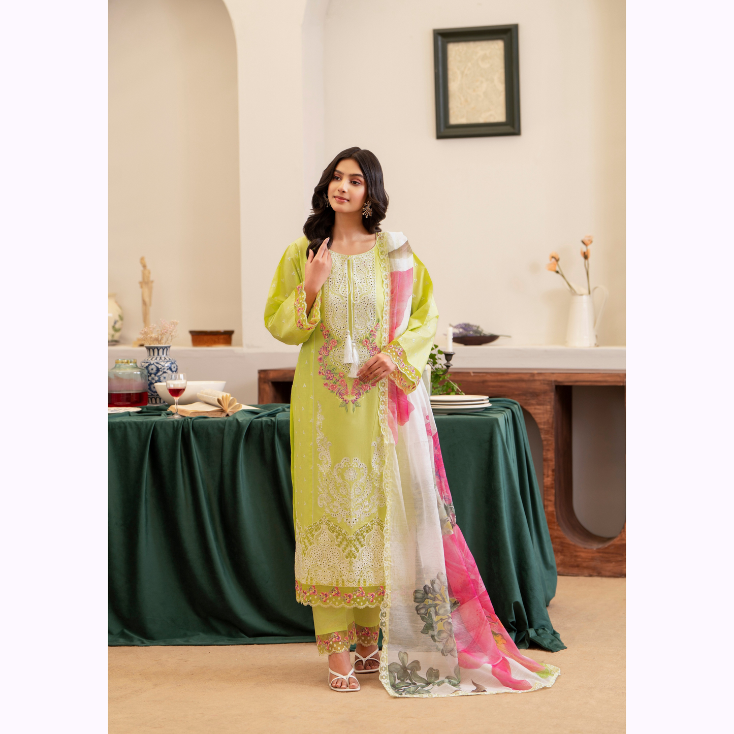 UKC-24 (Avacado Green) Chikenkari Cambric Cotton Ready to Wear Eid Collection 3 Pc - Karma Collection