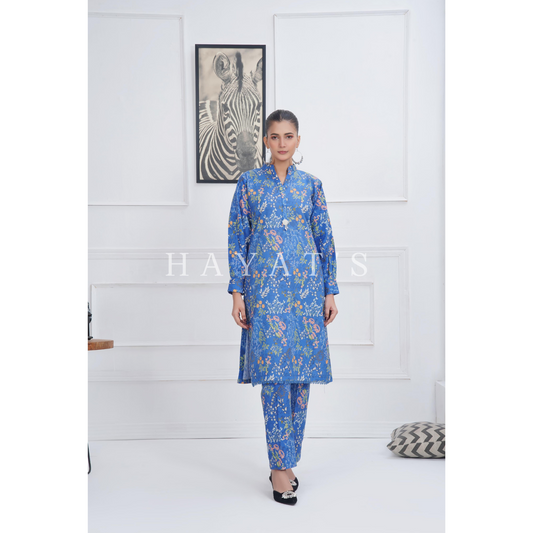 Blue 2 Pc floral Printed Khaddar Pakistani Co-Ords Set | Ready to wear| Hayats
