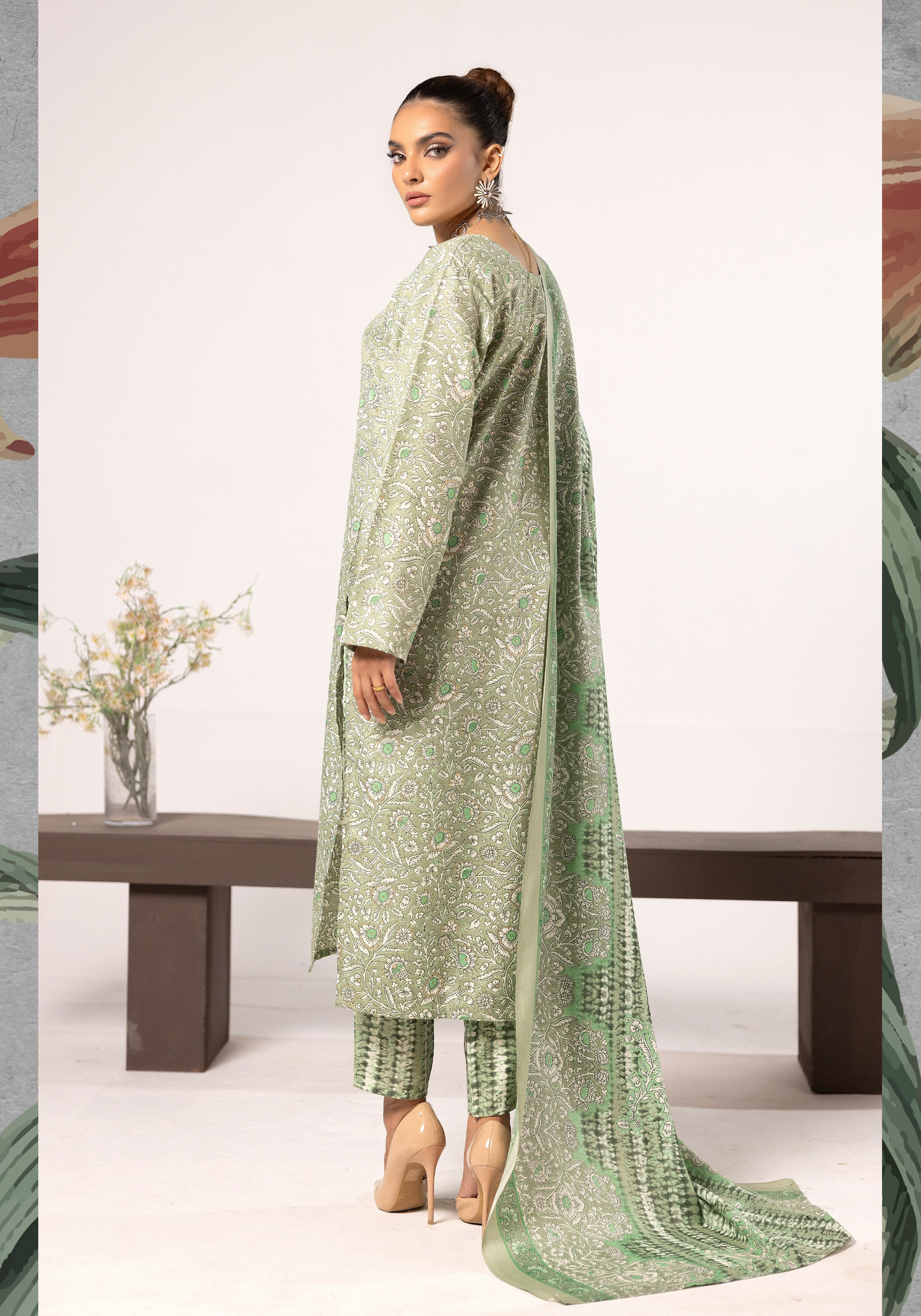 Thistle Green| Printed Linen Shalwar Kameez & Dupatta | 3 Pc | Ready-to-wear | Simrans