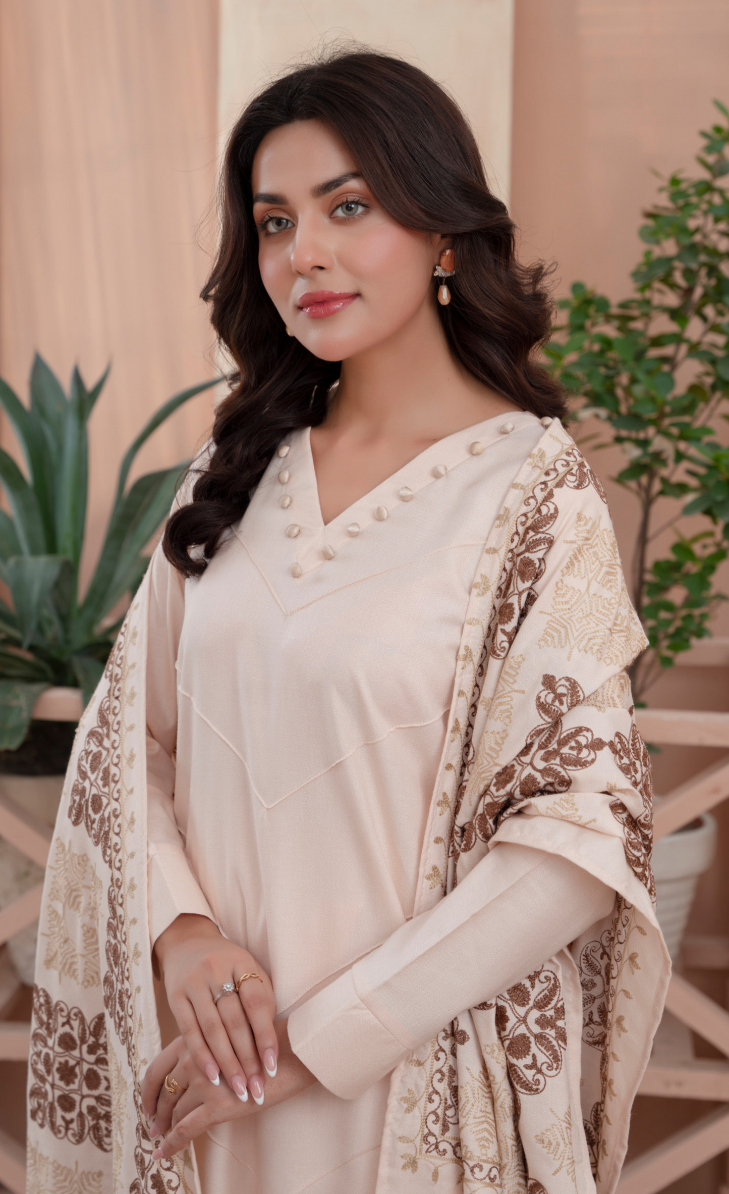(Cream) 3 Pc Dhanak Dress with Embroidered Wool Shawl Dupatta | Winter Wear | RANIYA.H