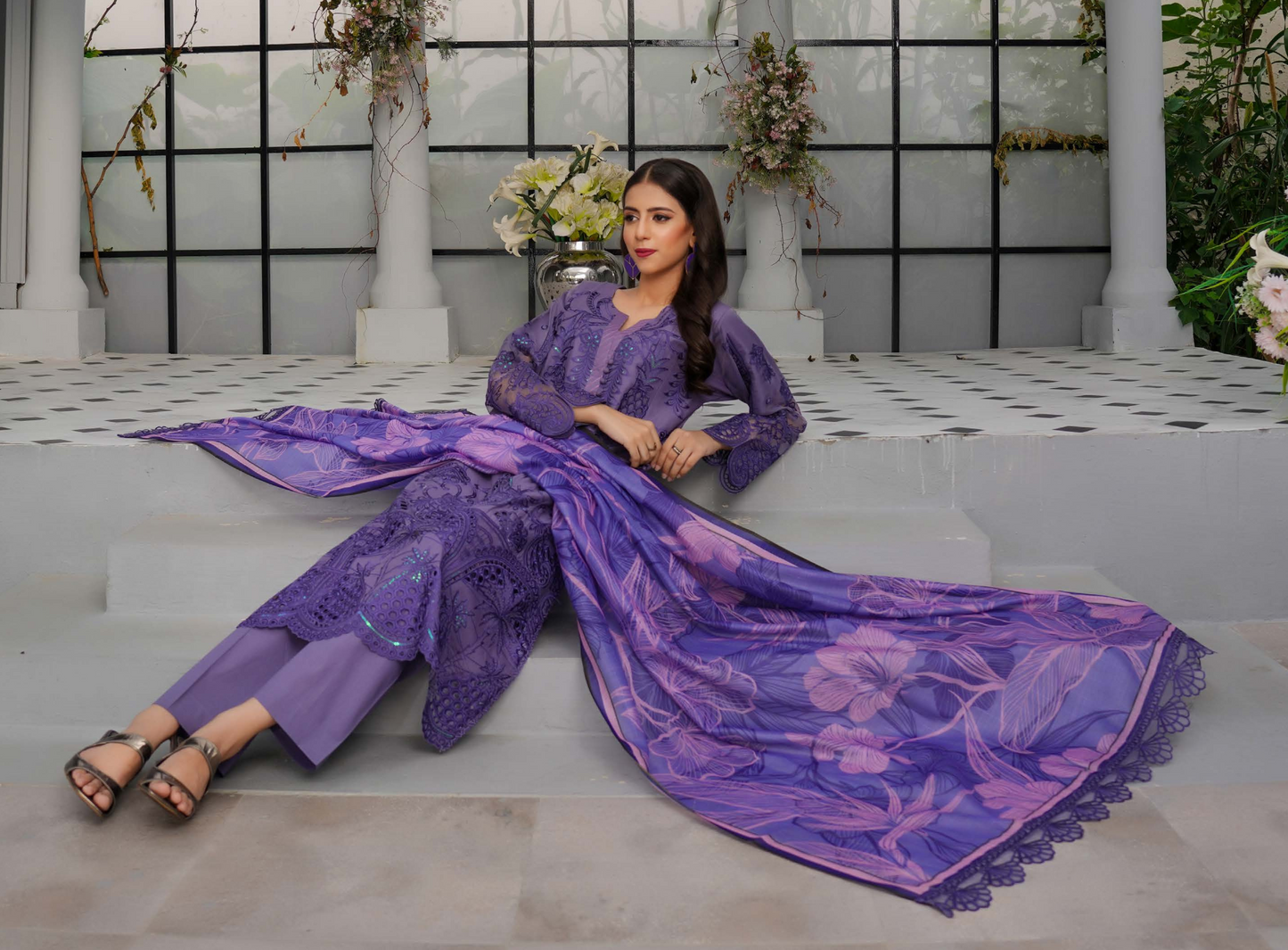 (Lavender) Heavy Embroidered Cotton Linen Ready to Wear Dress - MUNIRA