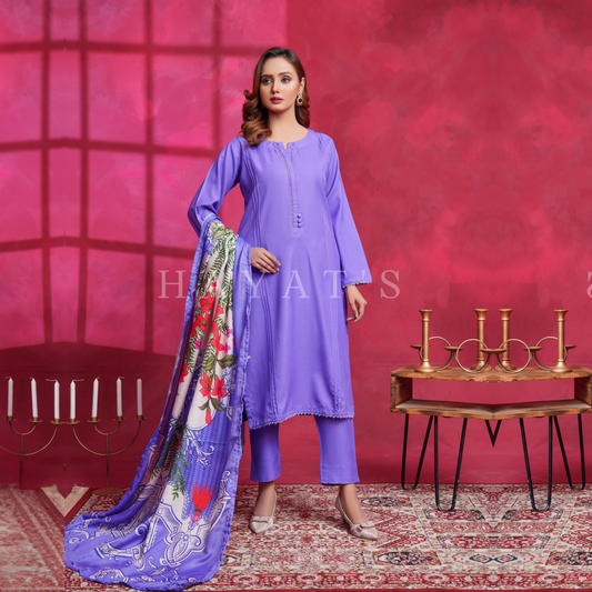 (Purple Mimosa) Dhanak Dress with Wool Shawl |3 Pc| Winter Collection | Hayats