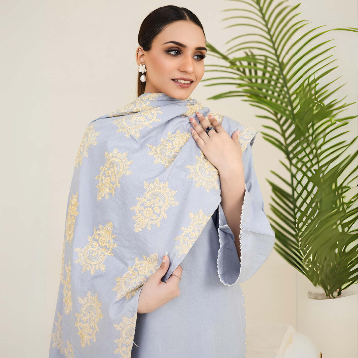 (Light Grey)  3 Pc Dhanak Dress with Embroidered Dhanak Shawl | Winter Collection | Rangz