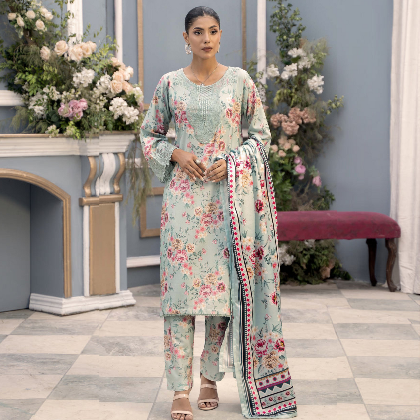 (Multi) Embroidered Printed Dhanak Dress with Dhanak Shawl | Winter Collection | Raniya.h