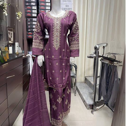 Embroidered Dhanak Dress with Pashmina Shawl | Ready to Wear Winter Collection UMNAA
