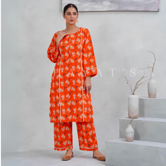 Burn Orange 2 Pc floral Printed Khaddar Pakistani Co-Ords Set | Ready to wear| Hayats