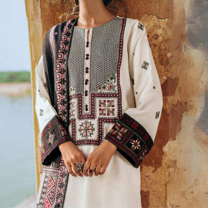 (Off White) 3 Piece Embroidered Dhanak Ready to Wear Collection by Casuallite | UMCAE0603