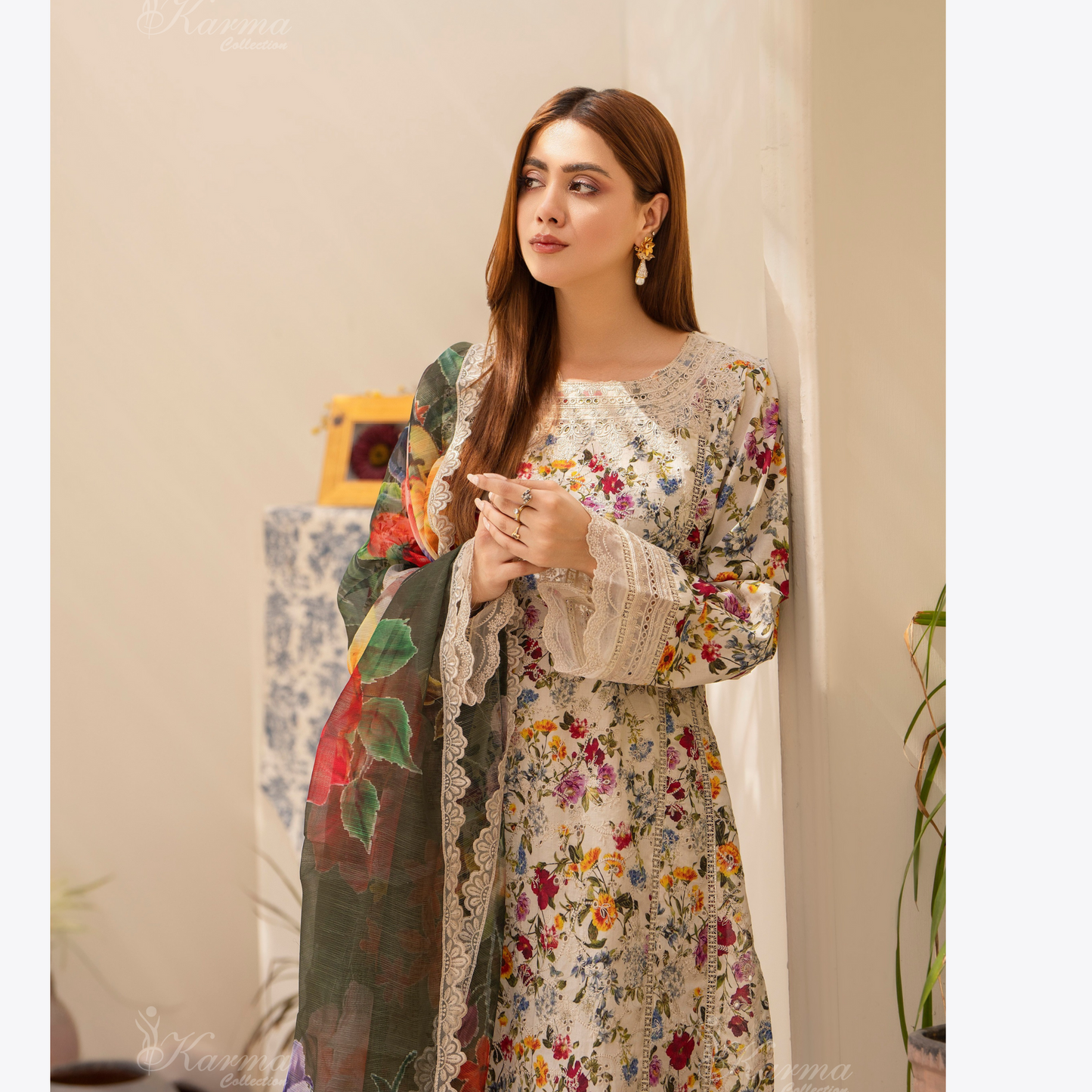 Multi floral Print Cotrai dhanak with pasmina wool shawl 3 Pc - Karma Collection | UMKC0601