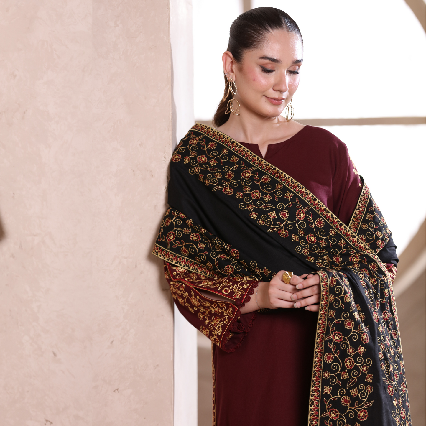 UA-29 3 Pc Embroidered Dhanak Dress with Embroidered Dhanak Shawl Pakistani Dress | UMNAA