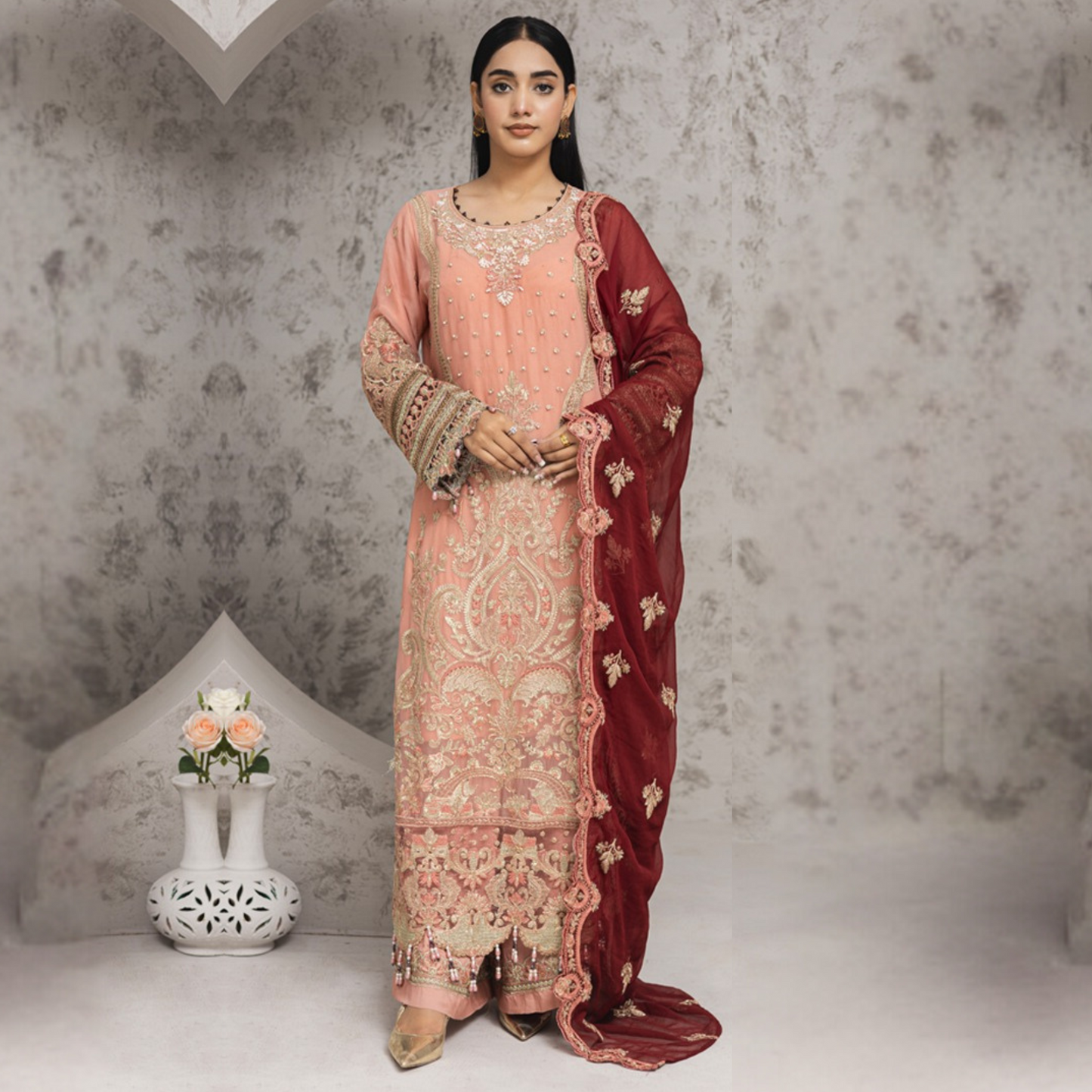 Luxury Handwork Embroidered Dress with Chiffon Dupatta 3 Pc | Winter Collection | Rangz | UMRGZ4000
