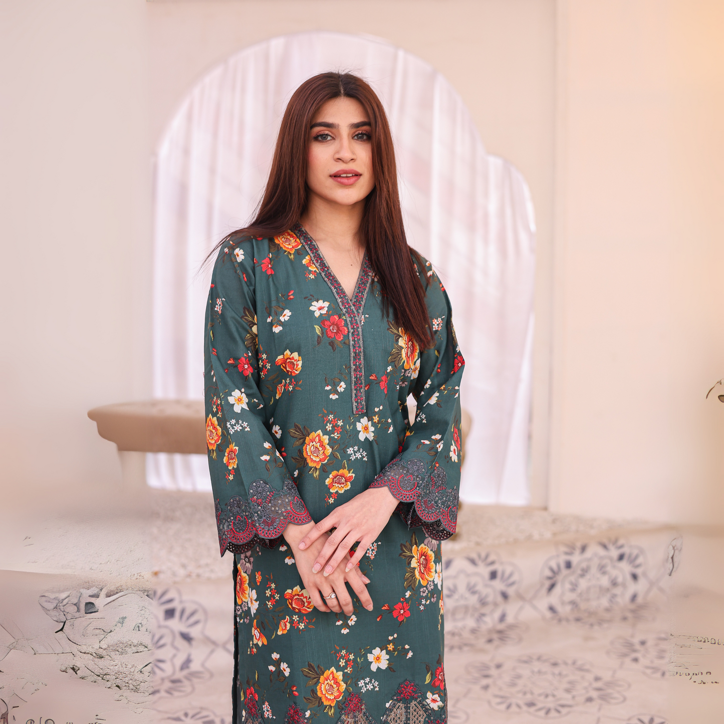 2 Pc Embroidered floral Printed Khaddar Pakistani Co-Ords Set | Ready to wear| Naubahar | UMNAU0900