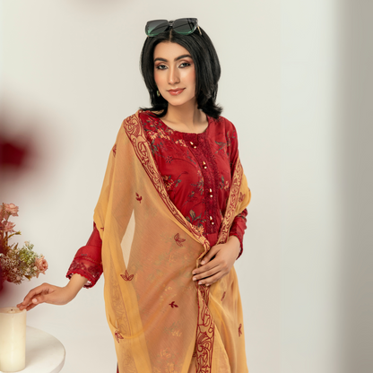 UMS-10 Floral Printed Embroidered Linen | 3 Pc | Ready-to-wear Dress - Simrans