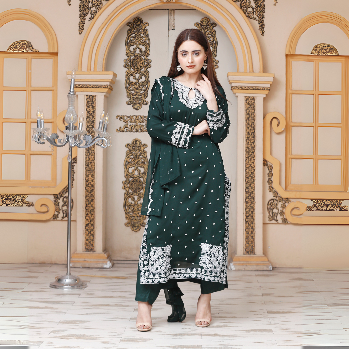 UA-54 3Pc Luxury Embroidered Chiffon Dress with Chiffon Dupatta 3 Pc |Ready to Wear| Umnaa