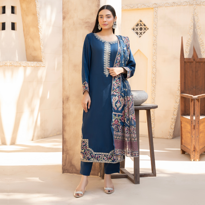 UA-60 Embroidered Viscose Linen 3 Pc Pakistani Dress | UMNAA