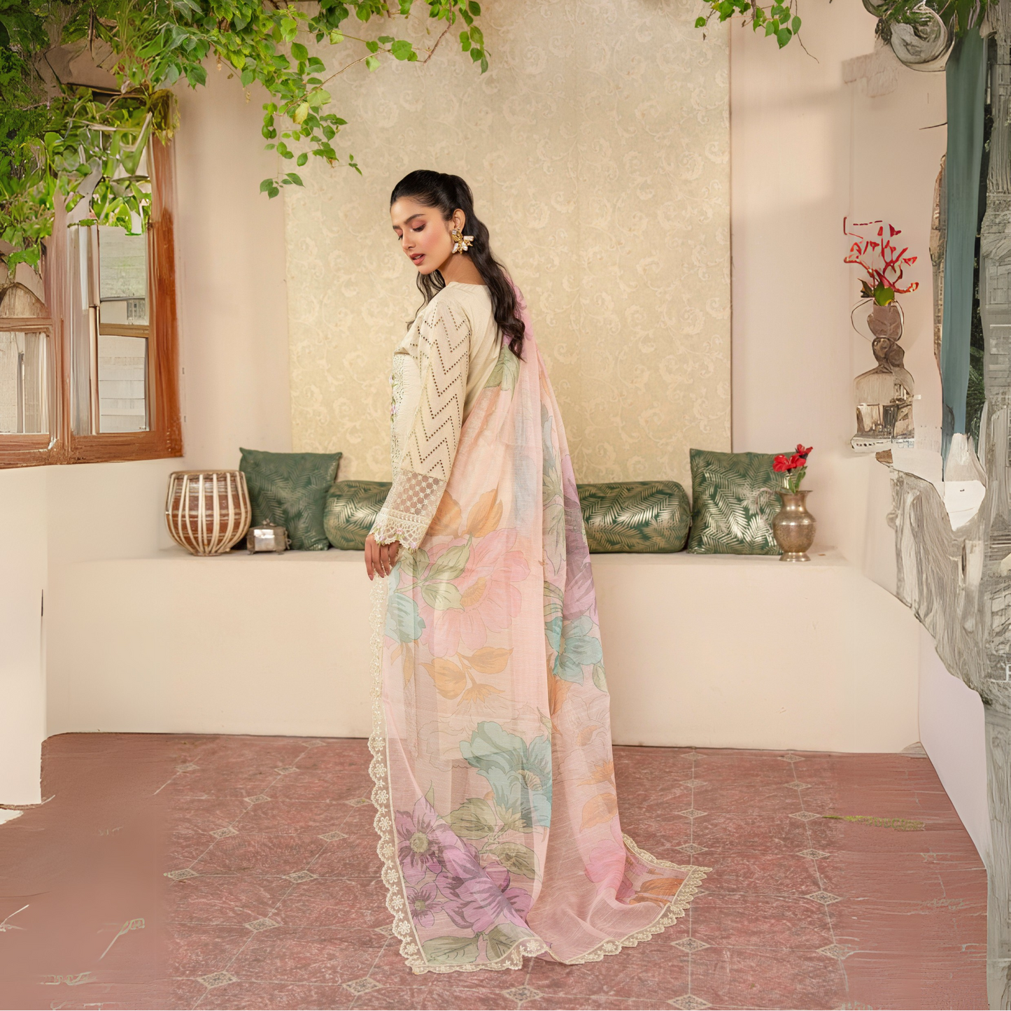 UKC-26 Embroidered Chikenkari Cambric Cotton Ready to Wear 3 Pc - Karma Collection