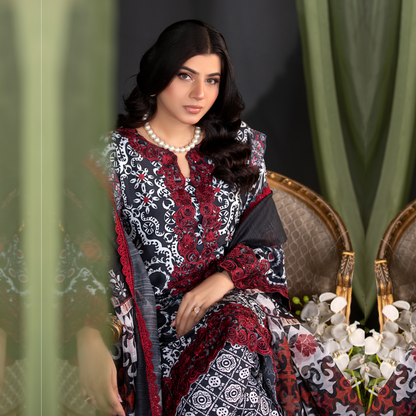 (Black and White) 3 Pc Embroidered Cambric Cotton Ready to Wear Dress | Eid Wear | Heera's