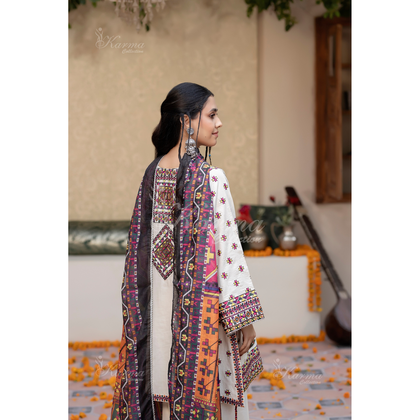 KC-1433 Embroidered Cambric Cotton Farshi Shalwar Kameez Ready to Wear 3 Pc - Karma Collection