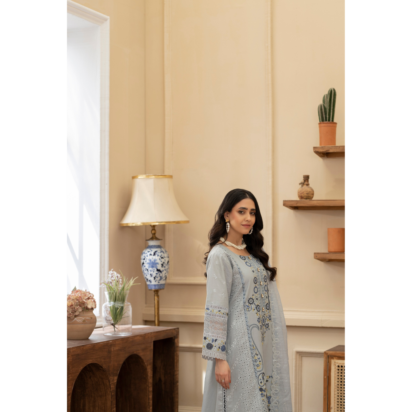 KC-1434 Embroidered Chikenkari Cambric Cotton Dress Ready to Wear 3 Pc - Karma Collection
