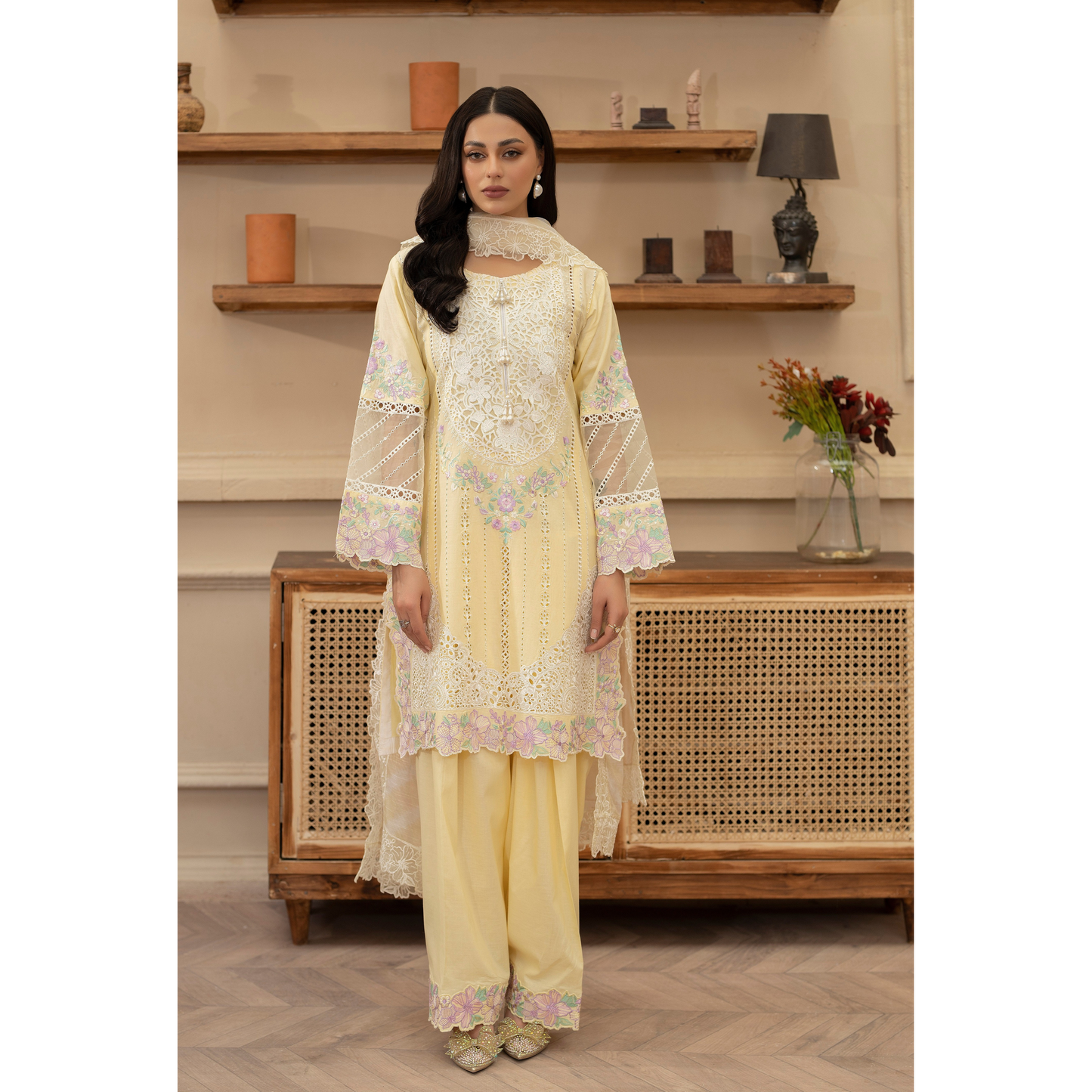 KC-1435 Embroidered Cambric Cotton Farshi Shalwar Kameez Ready to Wear 3 Pc - Karma Collection