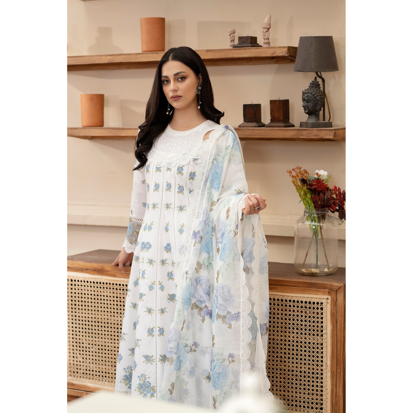 KC-1436 Embroidered Cambric Cotton long Frock Dress Ready to Wear 3 Pc - Karma Collection