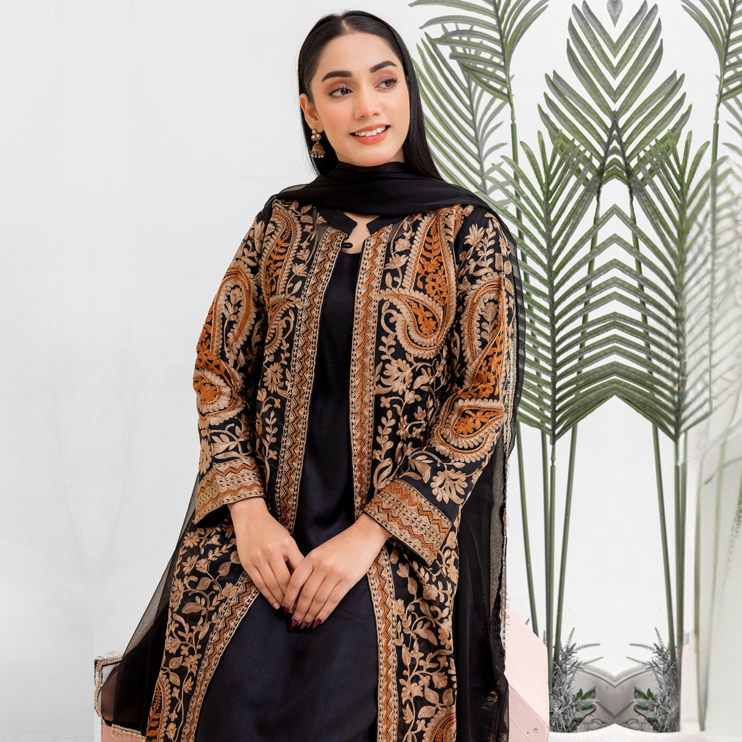 UMRZ-44 Embroidered Linen Coat Style Shirt with Pocket Trouser Dress and Chiffon Dupatta 3 Pc |Ready to Wear| Rangz