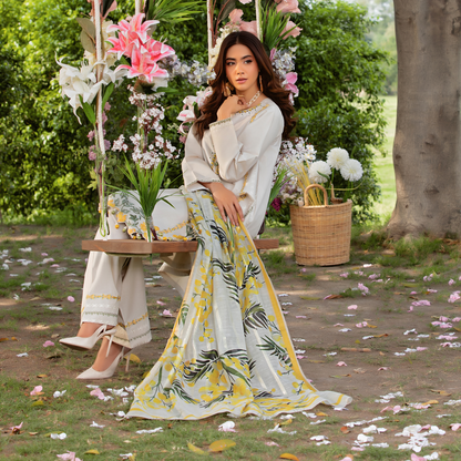 UHE-51 (Beige) 3 Pc Embroidered Cambric Cotton trending Farshi Shalwar ready to wear Dress | Summer Wear | Heera's