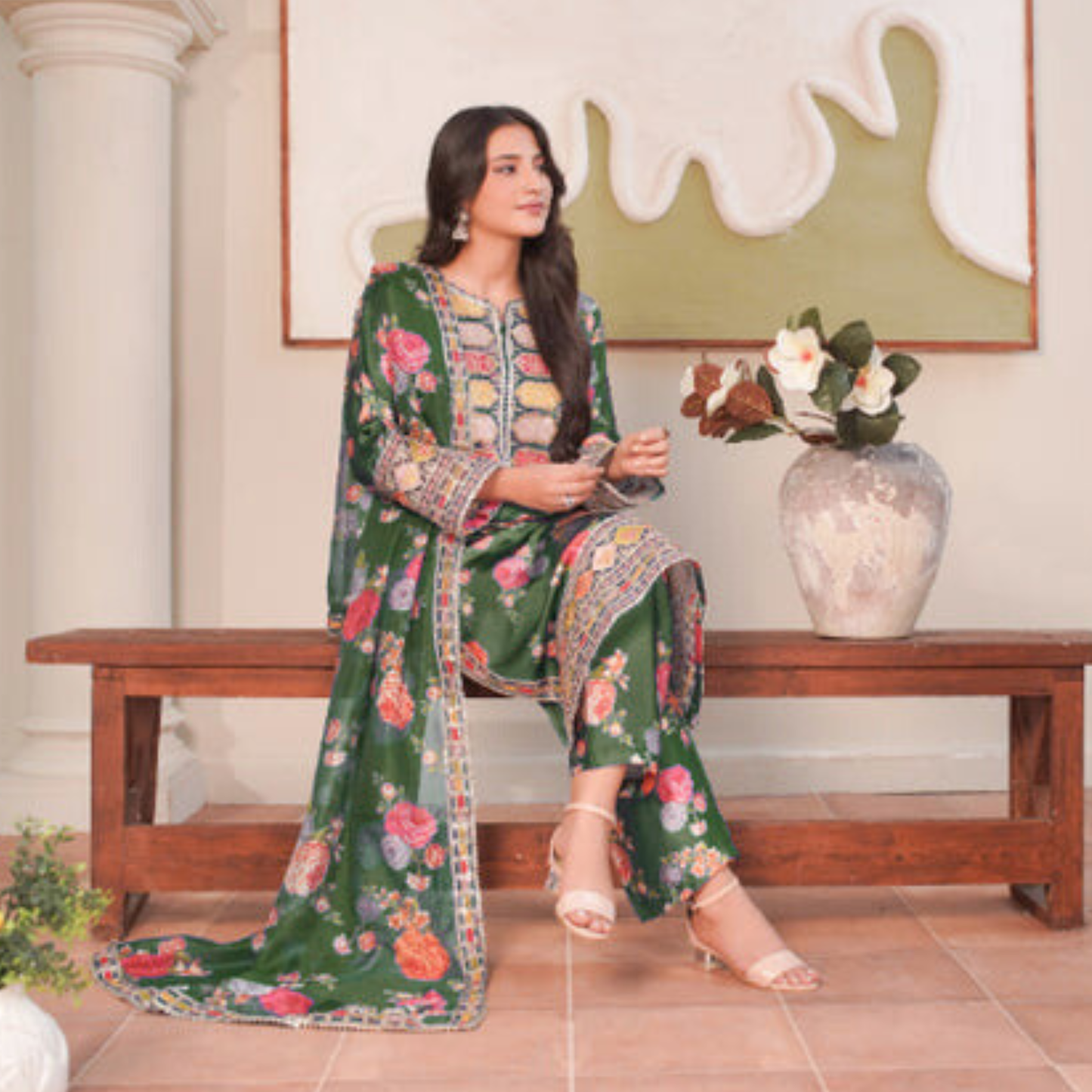 UA-136 Embroidered Shamoz Silk 3 Pc dress | Ready to Wear Asian Clothes  | Umnaa