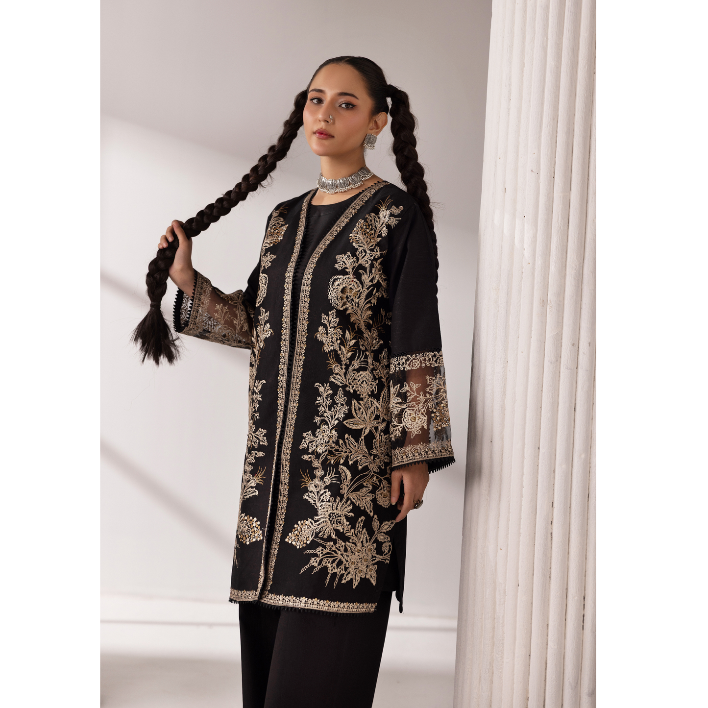 UMS-52 Maria.B inspired Embroidered Khaddar Jacket style dress with chiffon Duppatta by Simrans