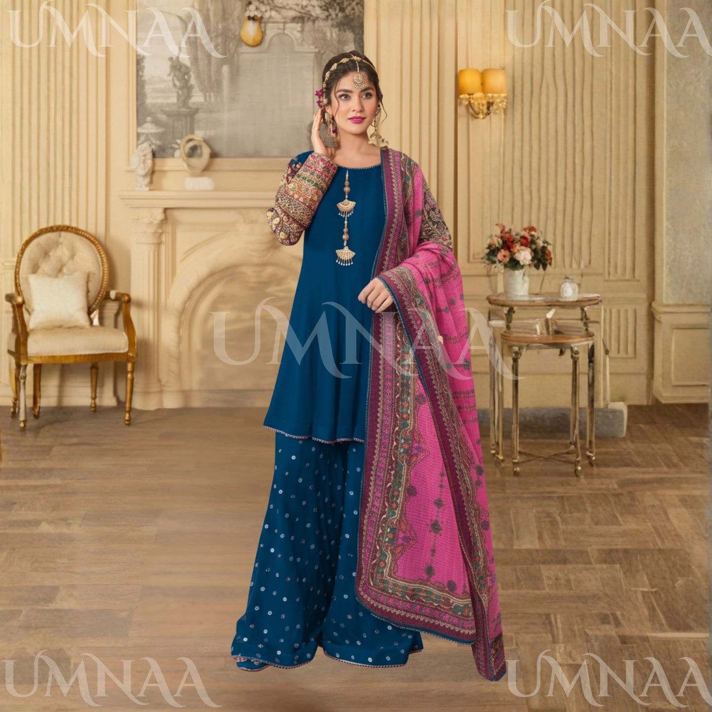 UA-166 Embroidered Chiffon Viral Sharara 3-Piece Collection by Umnaa