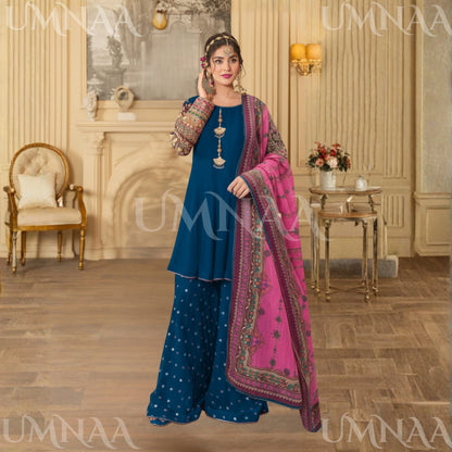UA-166 Embroidered Chiffon Viral Sharara 3-Piece Collection by Umnaa