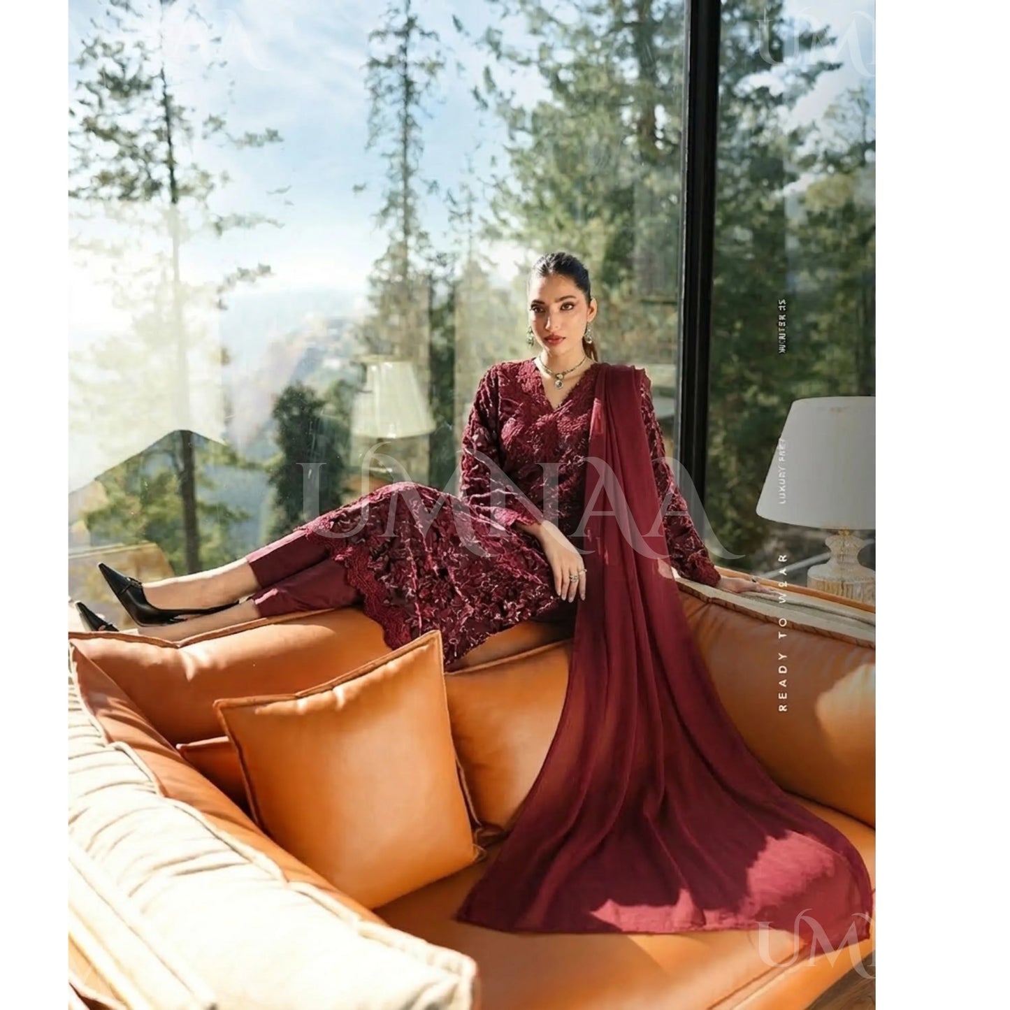 UA-175 Festive Palachi Velvet Dress with Chiffon Dupatta 3 Pc Collection by Umnaa