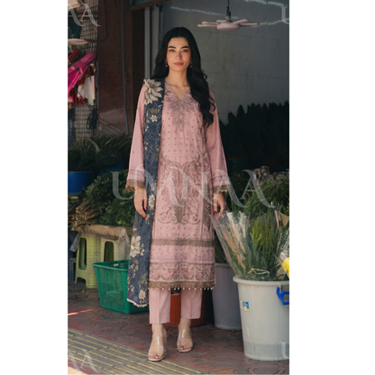 UB-01 3 Pc Embroidered Linen Dress With Cotton Silk Printed Dupatta  By UB