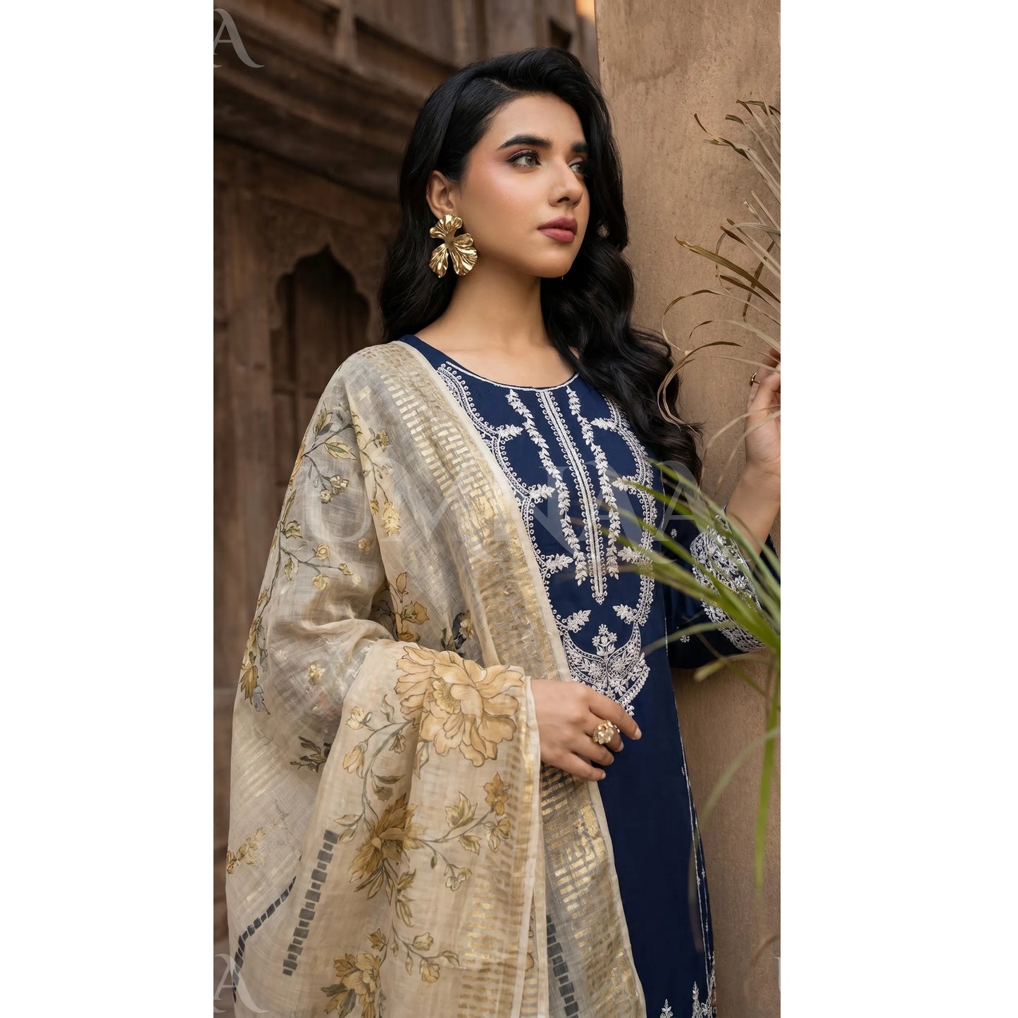 UB-03 3 Pc Embroidered Linen Dress With Cotton Silk Printed Dupatta  By UB