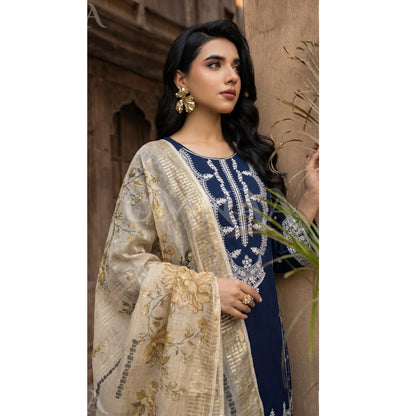 UB-03 3 Pc Embroidered Linen Dress With Cotton Silk Printed Dupatta  By UB