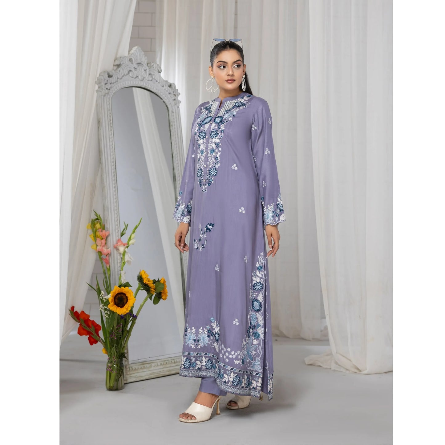 UTT-22 Embroidered Viscose Linen Kaftan Style 2 Piece Co Ord Set Collection by Traditional Thread