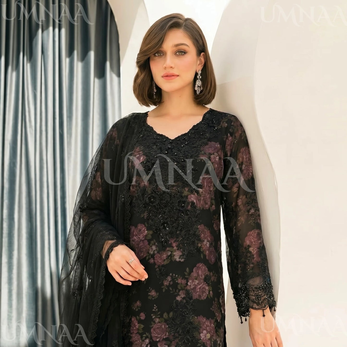 UA-184 Embroidered Chiffon 3-Piece with Printed Lining & Trouser