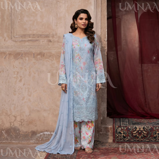 UA-205 Embroidered Chiffon 3-Piece with Printed Lining & Trouser