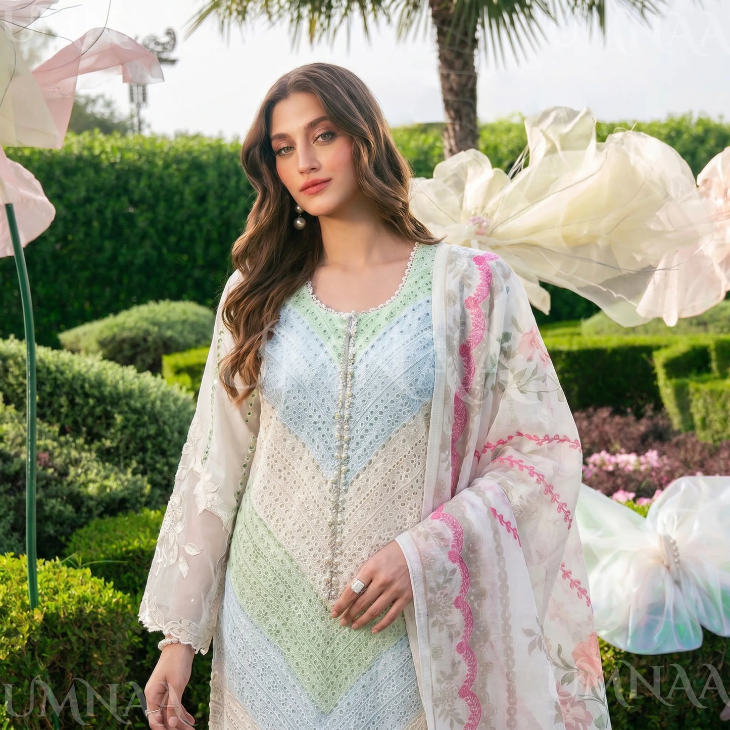 UA-208 Embroidered Chikenkari Cambric Cotton Pastel Festive Collection by Umnaa - Ready to Wear Pakistani Asian clothes