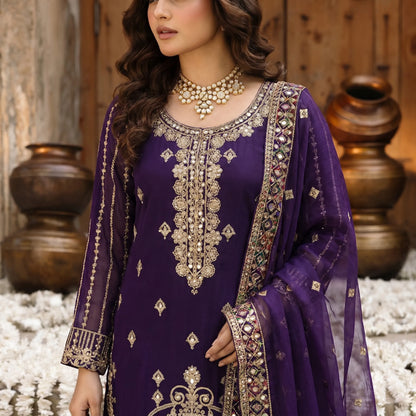 U-73 3 Pc women's Embroidered Chiffon salwar kameez Pakistani Indian fashion Traditional Womenswear Festive collection-UMNAA