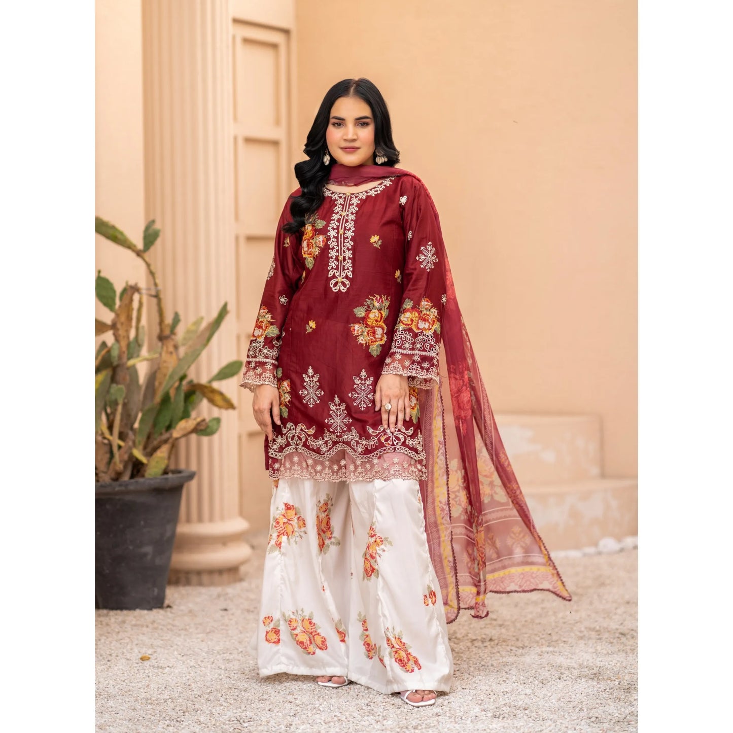 UMRZ-62 "Crimsons" by Rangz Embroidered Cotton with poly Lawn Sharara Festive collection| Ready to Wear Pakistani Asian clothes