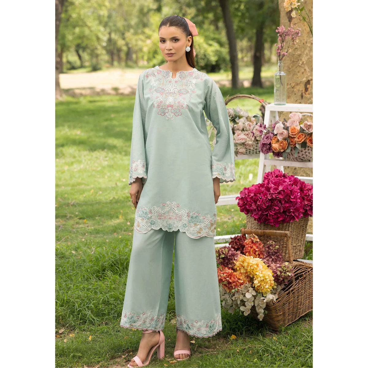 UMS-66 "Image Kari" Embroidered Lawn Co-Ords Set by Simrans | Ready to Wear Pakistani Asian clothes - Light Sea Green