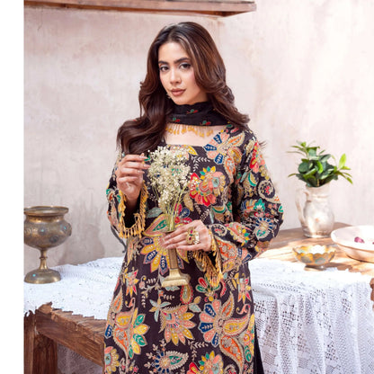 UA-225 Trendy Indian Armani Silk 3 Piece Suit by Umnaa | Embroidered Kameez with Shamoos Silk Shararah & Apple Silk Dupatta | Festive & Party Wear