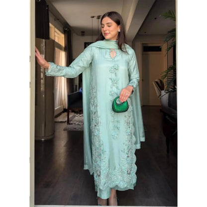 UA-336 Women's Embroidered Raw Silk Dress 3 Piece Festive & Party Wear Suit by Umnaa