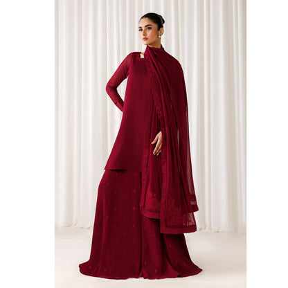 UA-230 Chiffon Sharara Full Sleeves Lined 3 Piece Suit | Chiffon Shirt with Embroidered Sharara & Dupatta | Formal Party Wear