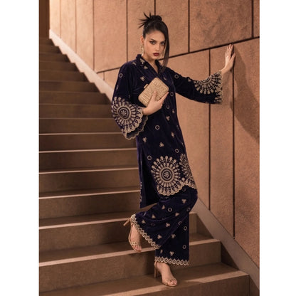 UA-318 Embroidered Velvet Co-Ord Set | Umnaa