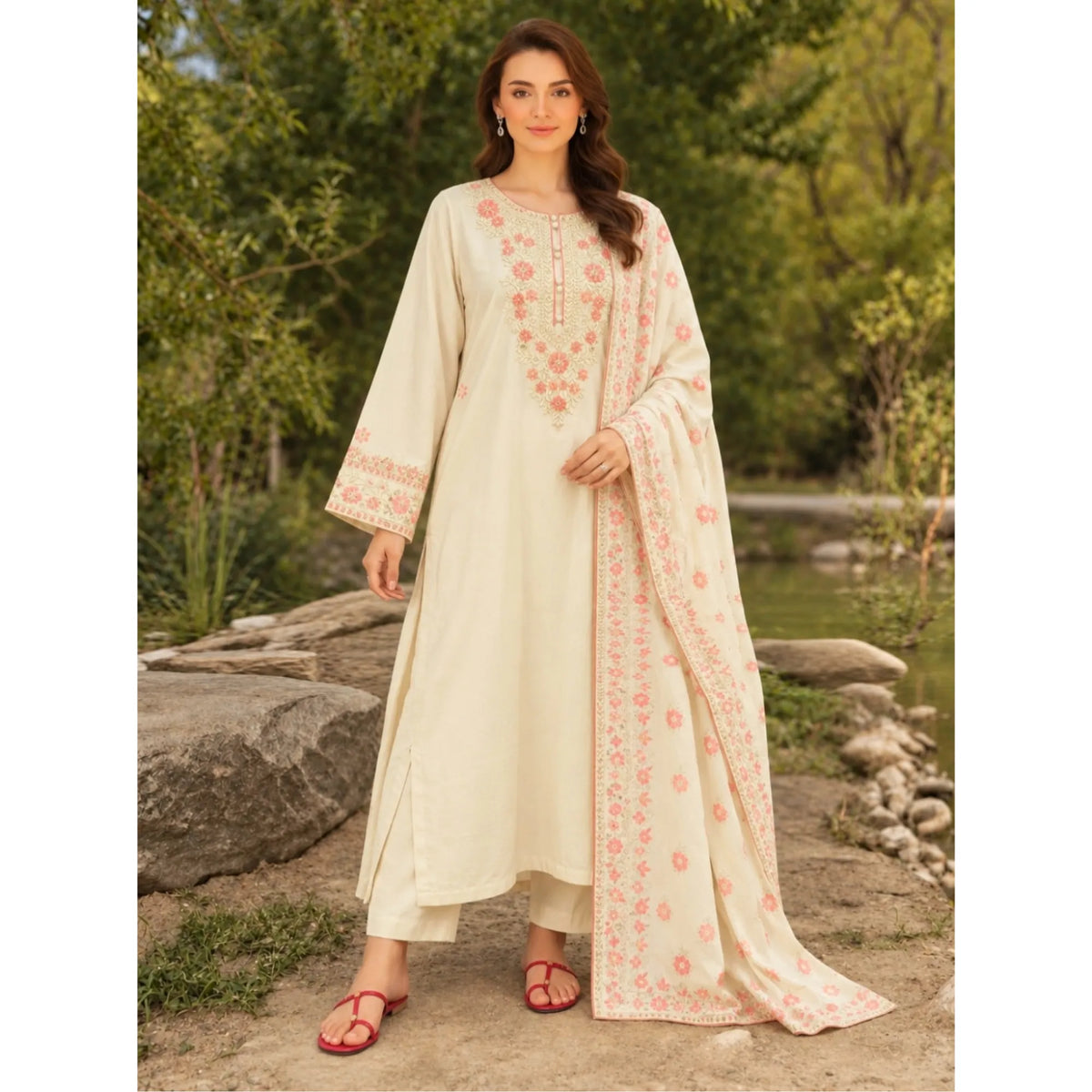 UA-326 Embroidered Dhanak Kaftan Style 3 Pc | Umnaa - Cream