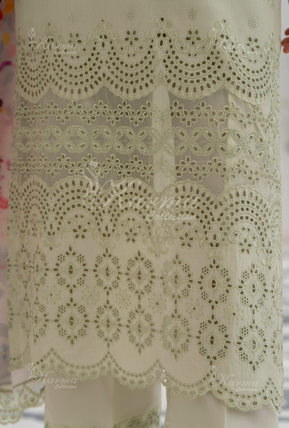 KC- 1386 | Greyish Green  | 3 Pc | Chikenkari Cotton Lawn | Karma Collection