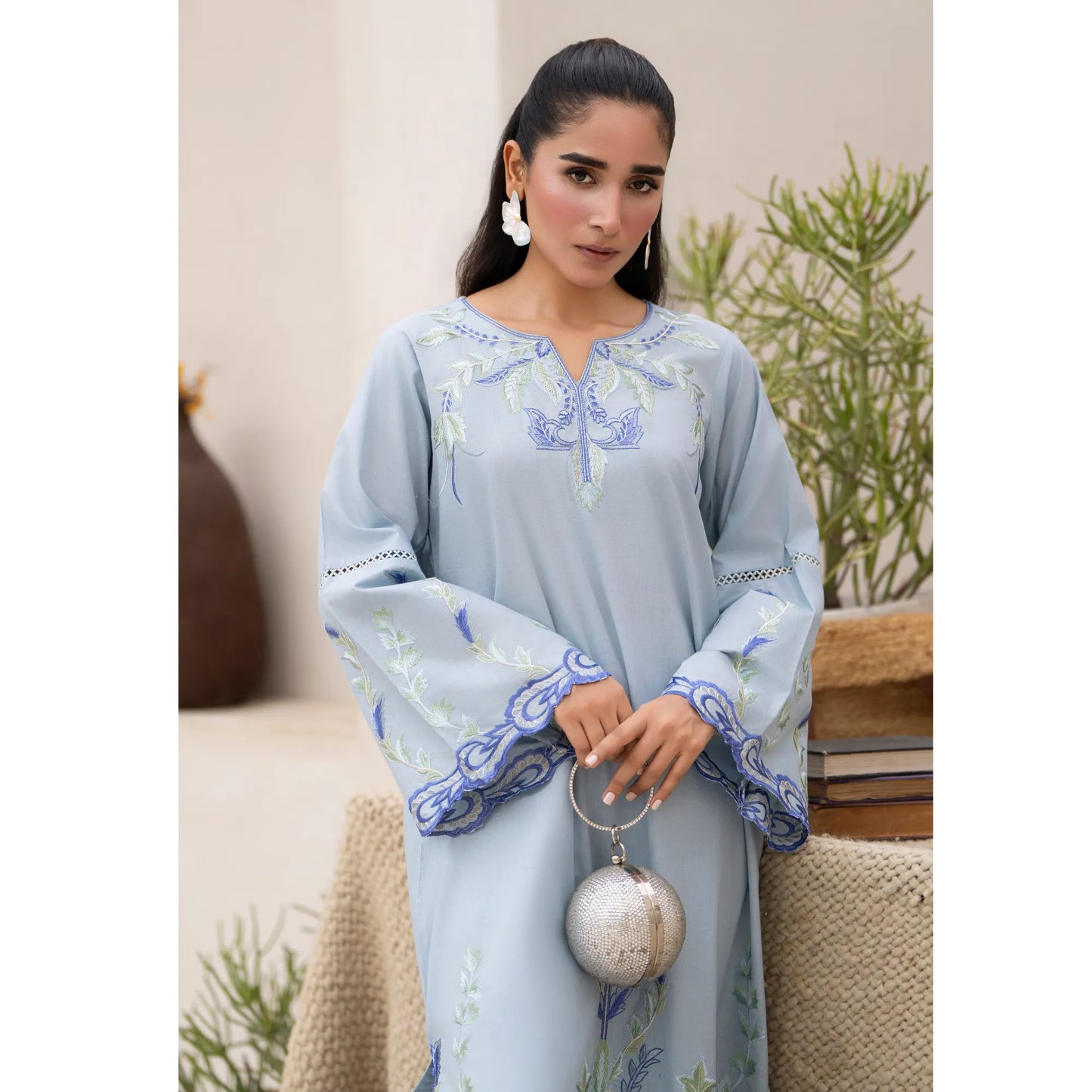 UA-247 Embroidered Cambric Cotton Kaftan Style Co-Ord Set Asian Wear | Umnaa
